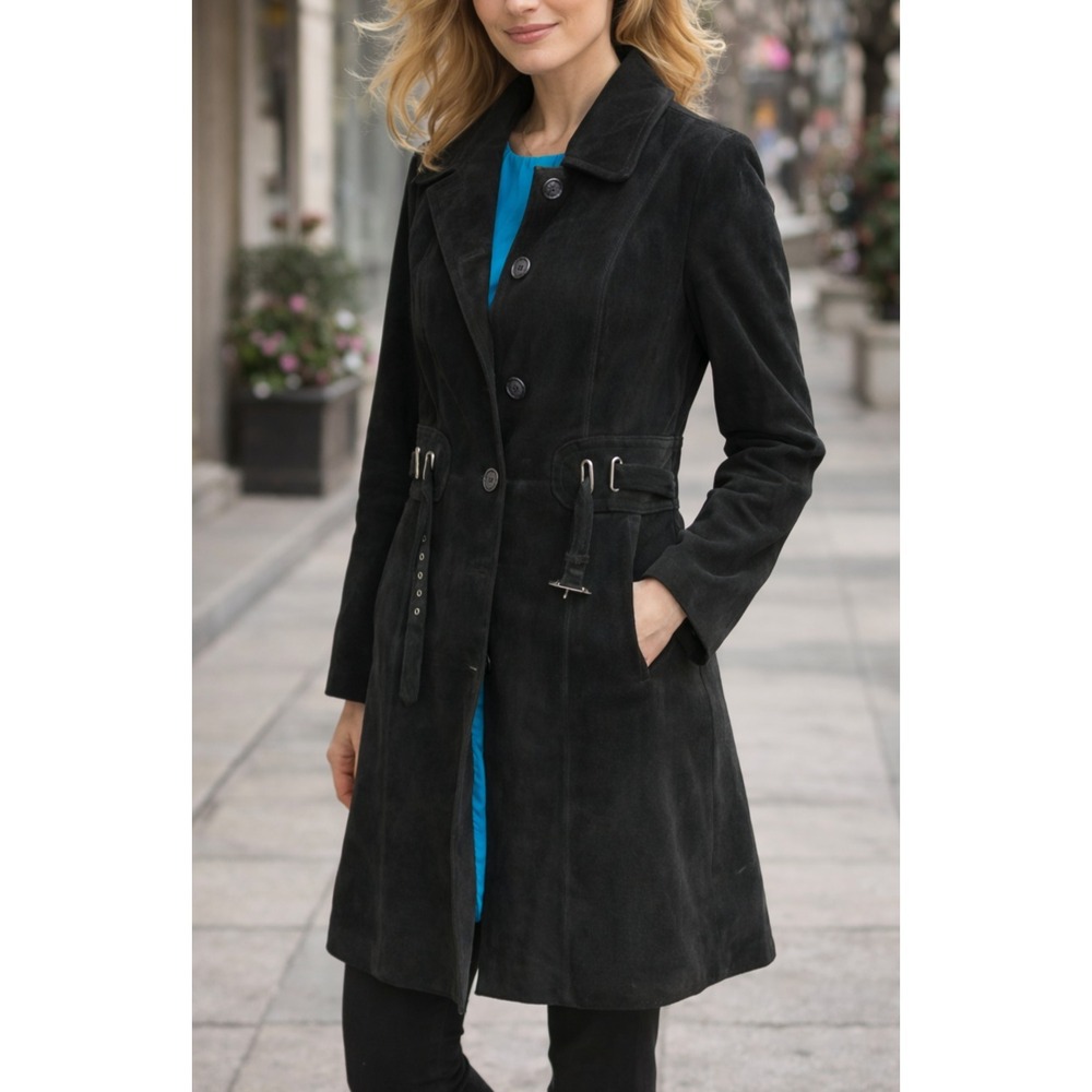 Vtg Margaret Godfrey x Bloomingdale's Suede Leather Belted Trench Coat Womens 14 - Picture 1 of 16
